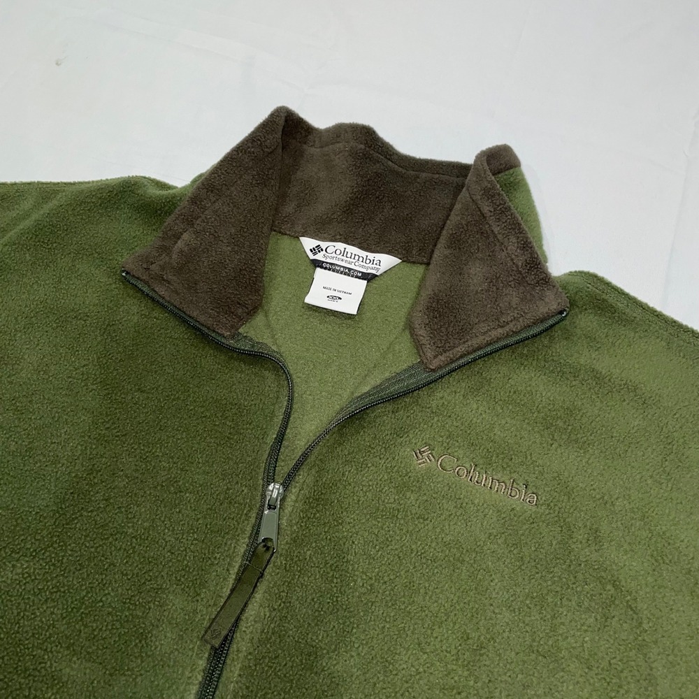 Columbia Mens XXL Green Fleece Full Zip Vest WM1480 Olive Brown Trim